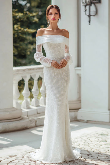 Ivory Off The Shoulder Engagement Dress With Long Sleeves